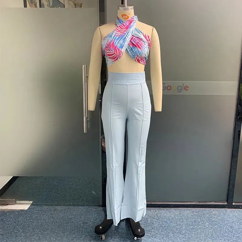 Women Two Piece Set Summer Fashion Printed Halterneck Crossover Sleeveless Backless Top Slim Pants Sets Streetwear