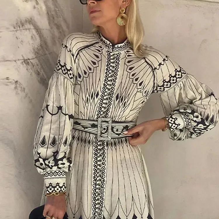 Women Vintage Patchwork Print Dress Lady Fashion Stand Collar Long Sleeve High Waist Midi Dresses Female Elegant Party Vestidos