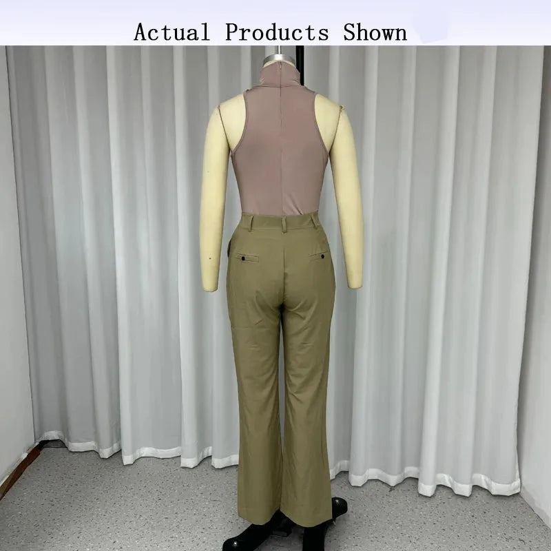 Women Two Piece Set Fashion Simple Solid Sleeveless Turtleneck Slim Tank Top Loose With Pockets Pants Sets Streetwear