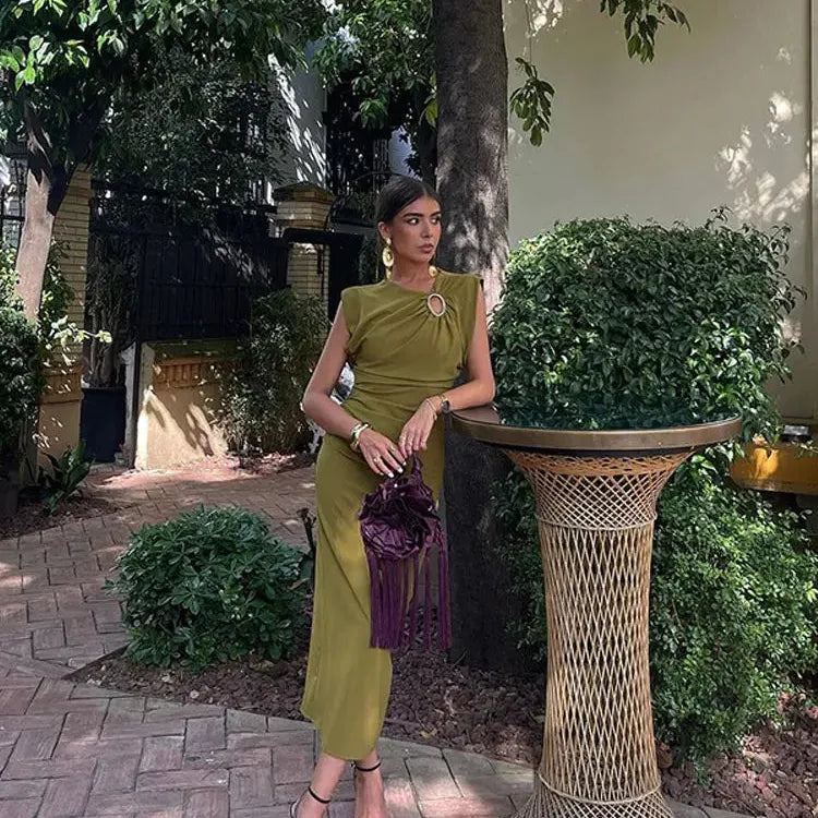 Women Elegant Green Sleeveless Party Long Dress Chic Round Neck With Metal Ring Side Pleated Bodycon Robe 2024 Lady Vestidos