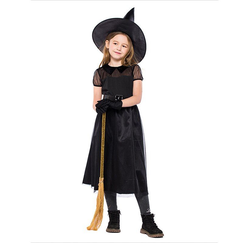 Cute Witch Costume for Kids Girls Pretty Black Fly Witch Costume Halloween Carnival Party Funny Cosplay Uniform