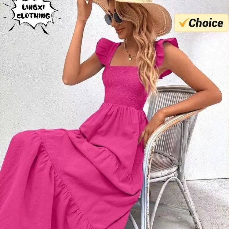 2024 Summer New Solid Color Long Dress with Hanging Straps Elegant and Pleated Dress Commuter Style Fashion Women's Puff Skirt