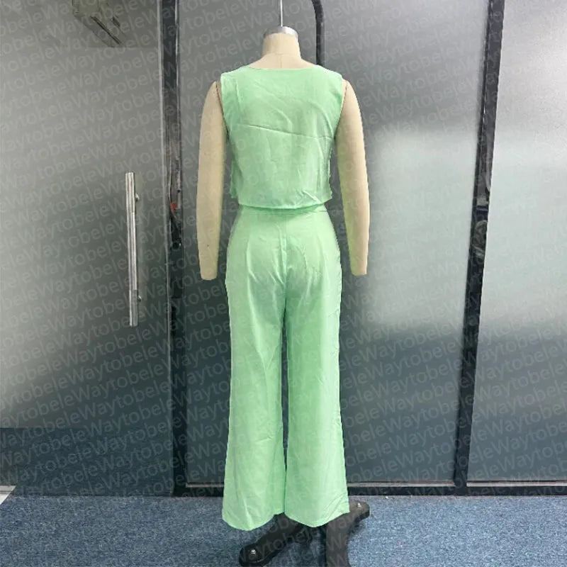 Women Two Piece Set Summer Casual Crew Solid Sleeveless Button Vest Top Loose With Pockets Pants Sets High Streetwear