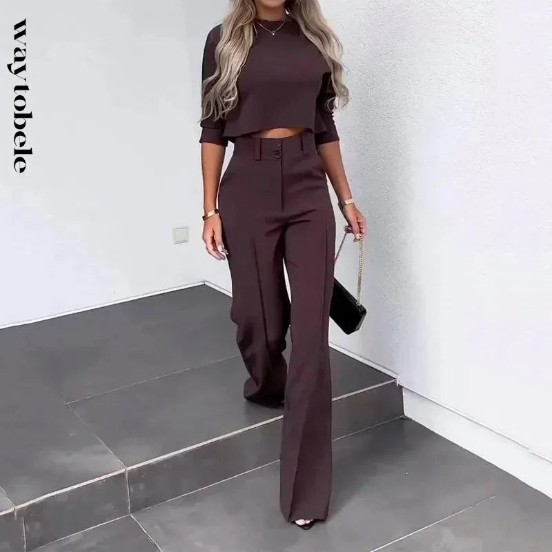 Women Two Piece Set 2023 Autumn Casual Solid Round Neck Half Sleeve High Waist Top Straight Loose Pants Set Streetwear