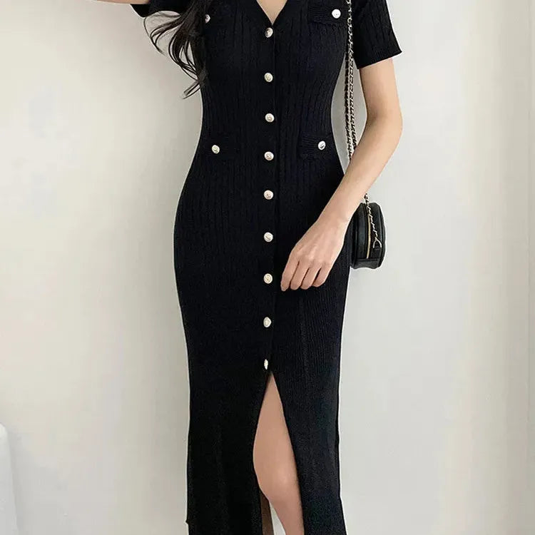 Summer Midi Dress Women Knitted Black Bodycon Korea Style Ruffle Ladies Dresses Elegant Fashion Casual Woman Dress 2023