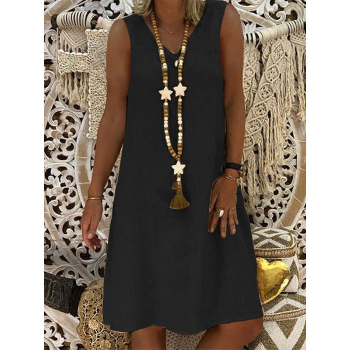 Retro Tank Dress Summer Women Dress Cotton Linen V Neck Sleeveless Solid Beachwear Casual Women's Clothing Vintage dresses - Jointcorp