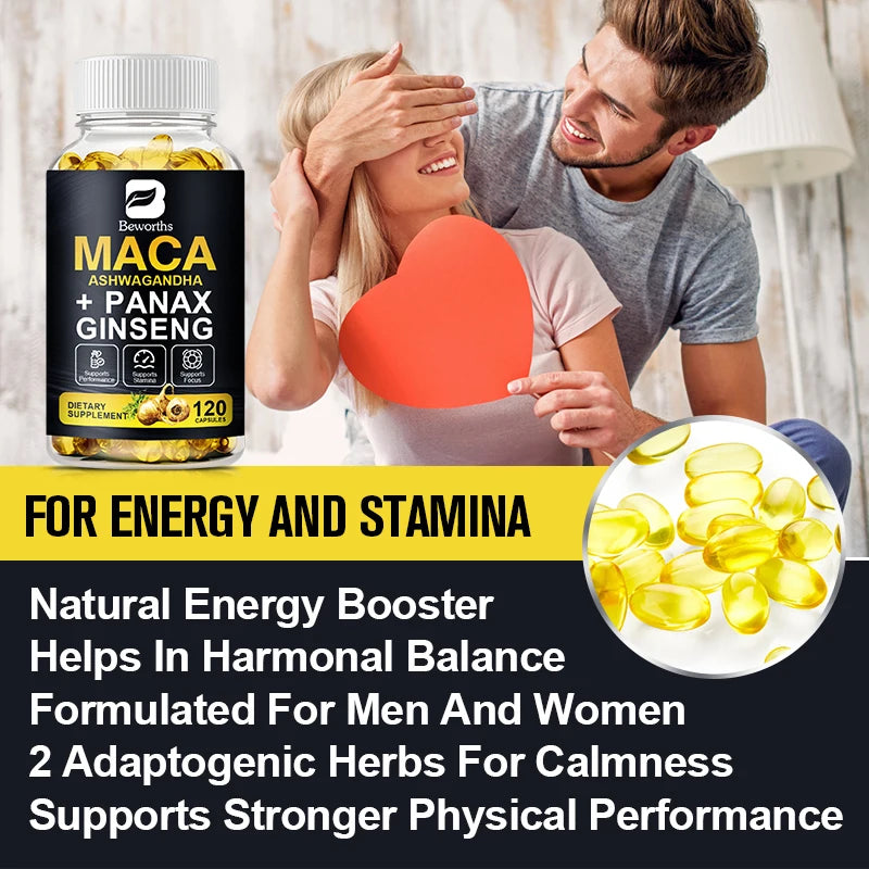 BEWORTHS Natural Maca Root Capsules with Ashwagandha Extract Vegetarian for Men Health Soft Gels Gluten Free Energy Supplement