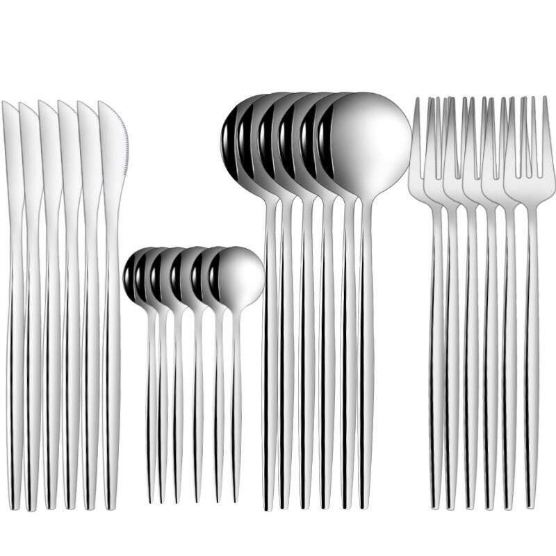24pcs Gold Dinnerware Set Stainless Steel Steak Knife Fork Coffee Spoon Teaspoon Flatware Dishwasher Safe Kitchen Tablewar