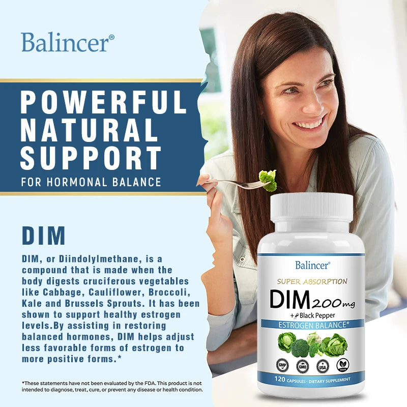DIM Supplement 200mg Diindolylmethane - Maintains Hormonal Balance with Estrogen for Menopause and Mid-life
