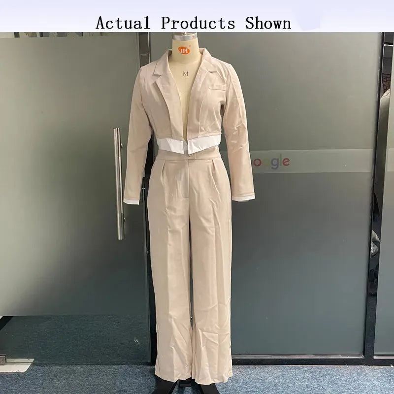 Women Blazer Set Office Commuting Fashion Solid Lapel Long Sleeve Top Loose Wide Legs With Pockets Pants Sets Suits