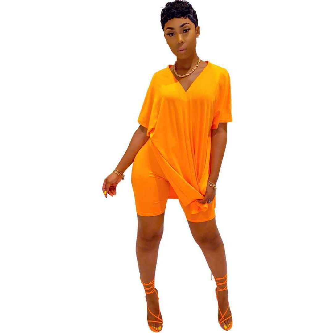 Women's plus-size two-piece suit: V-neck top & shorts, dolman sleeves, solid color - Jointcorp