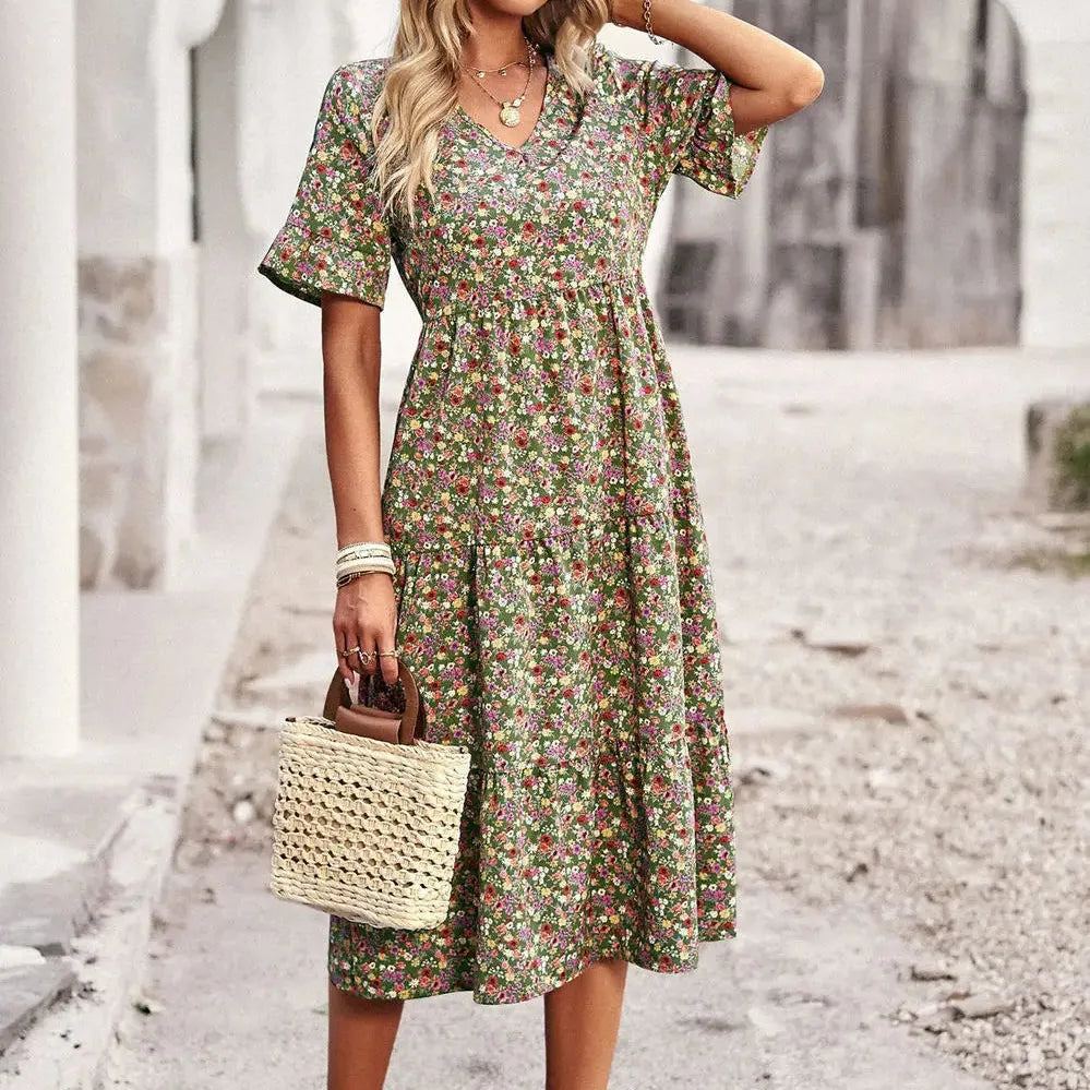 Summer Women V Neck Elegant Printed Short Sleeve High Waist A Line Floral Holiday Dress