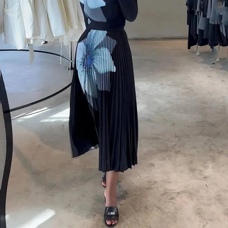 Women Two Piece Set Autumn Office Casual Floral Printed Long Sleeve Round Neck Knitted Top Loose Pleated Skirt Sets