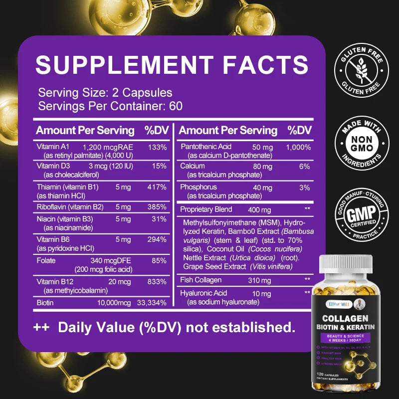 ByurWill Biotin Collagen Supplement Biotin for Hair Growth Strong Hair Dry Hair Follicle Repair Skin Adult 4 weeks Change Beauty