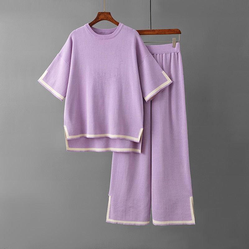 WAYOFLOVE Women Knitted Sweater Two Pieces Sets Spring Autumn O-Neck Loose Pullovers Sweater Tops & Wide-Leg Pants Knitwear Suit Plus size - Jointcorp