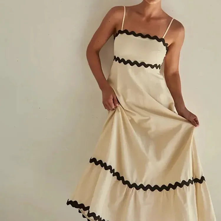 Elegant Spaghetti Strap Midi Dress Fashion Wave Striped Patchwork Maxi Dress For Women Female Backless Party Evening Sling Dress