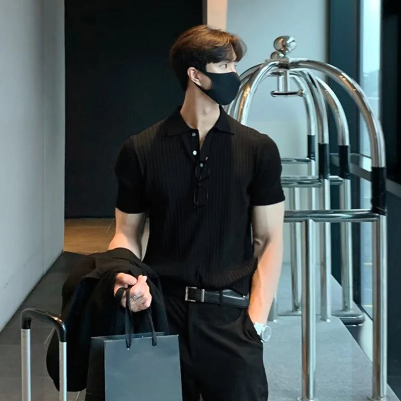 Summer Men's Clothing Retro Knit Lapel Striped Polo Shirt Solid Color Short Sleeve Fashion Simple Casual Male Tops Size M-2XL