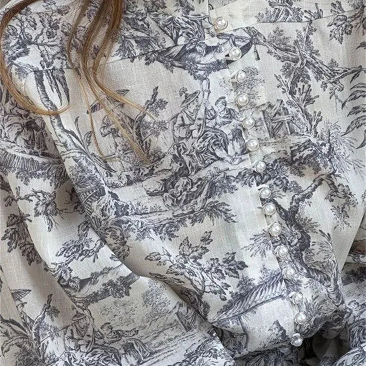 Tossy Vintage Printed Lace-Up Mini Dress For Women Fashion Ruffled Pleated Dress Bandage Long Sleeve High Street Women's Dress