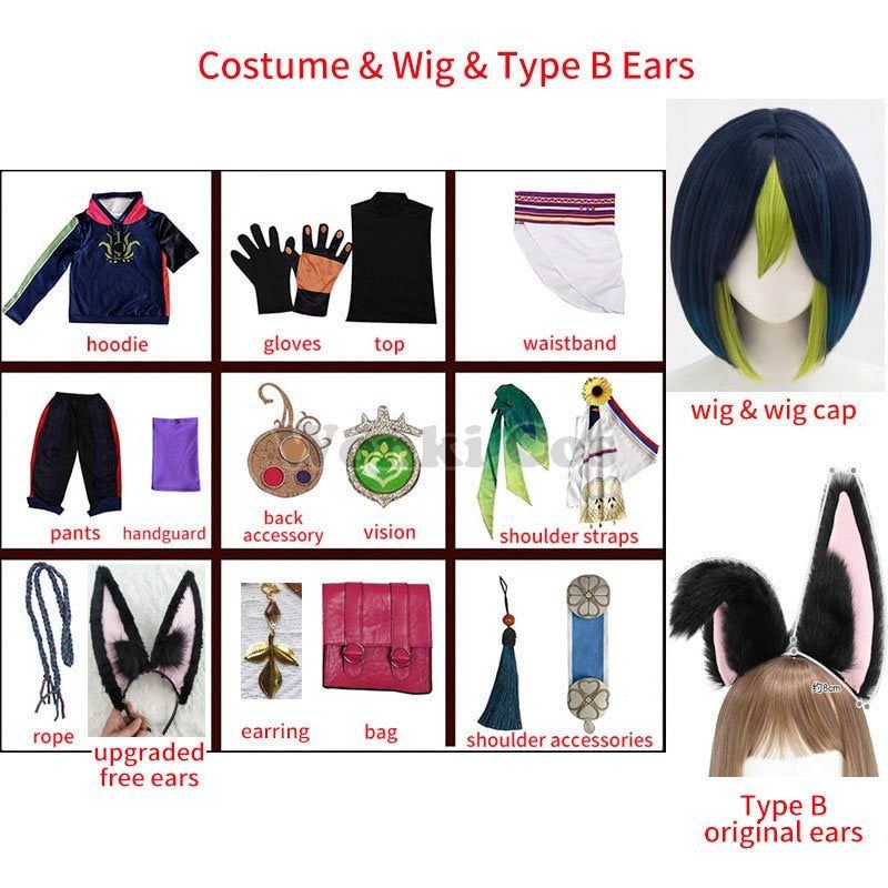 Game Genshin Impact Tighnari Cosplay Costume Wig Hair Genshin Tighnari Tail Costumes with Ears Accessories