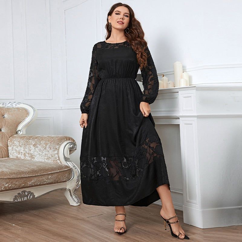 Plus Size Women Clothing Black O Neck Lace Long Sleeves Maxi Dress Ladies Elegant Casual Large Size Dresses - Jointcorp