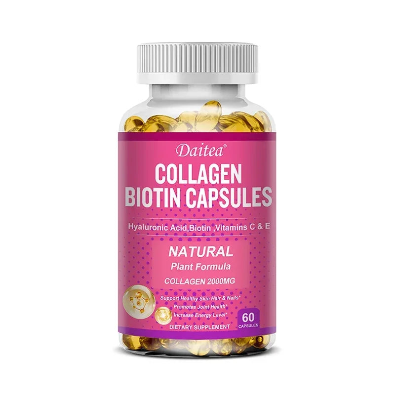 Collagen Biotin Supplement - Hyaluronic Acid Biotin Vitamin C E - Hair Skin Nails Joint Support and Energy Boost Vegan Capsules
