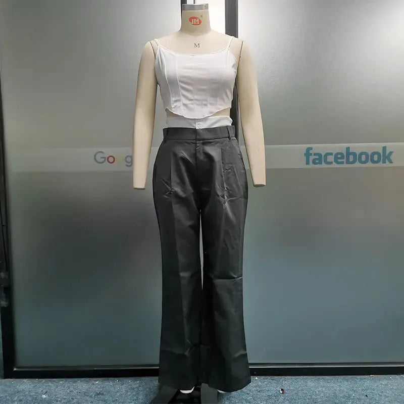 Women Two Piece Set Summer Sexy Solid Suspender Sleeveless Backless Zipper Top Loose With Pockets Pants Set Streetwear