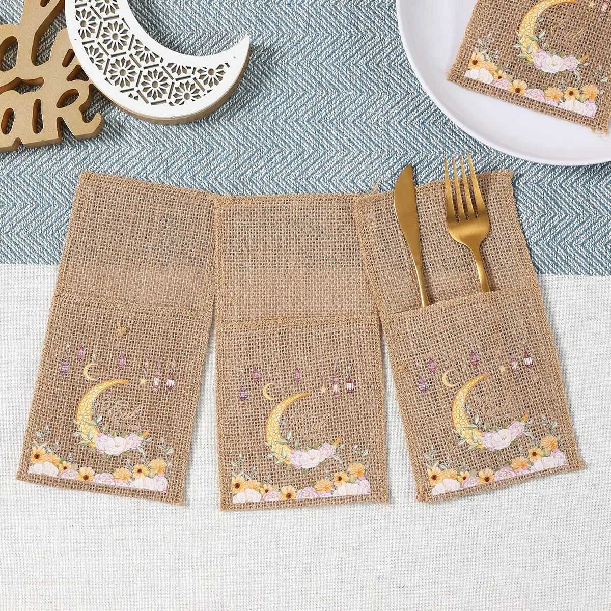 EID Mubarak Decoration Burlap Cutlery Bags Ramadan Decor 2025 Cutlery Bag Ramadan Kareem Islamic Muslim Party Eid Al Adha Gifts