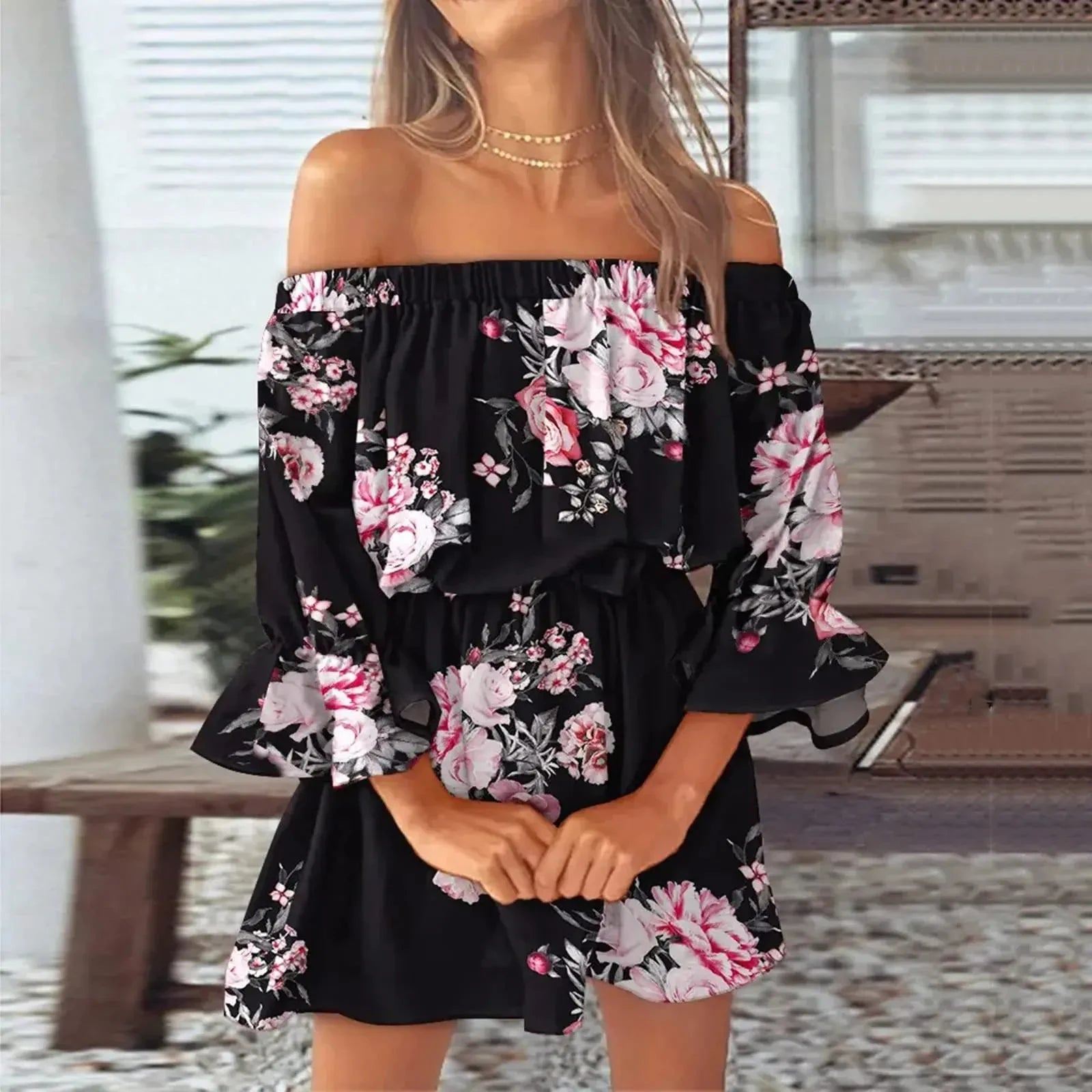 Boho Dresses for Women 2023 Summer Sexy Off Shoulder Floral Print Flare Sleeve Tunic Dress Women Casual Mini Sundress Vestido