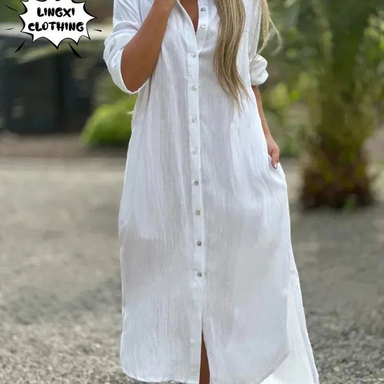 Summer New Women's Cotton and Hemp Plus Size Dress Elegant Shirt Long Dress Fashionable Casual Long Sleeve Beach Style Dress