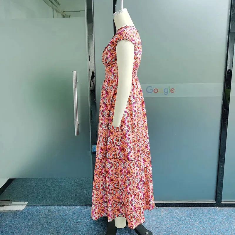 Women Maxi Dress Fashionable Strapless Short Sleeve V Neck