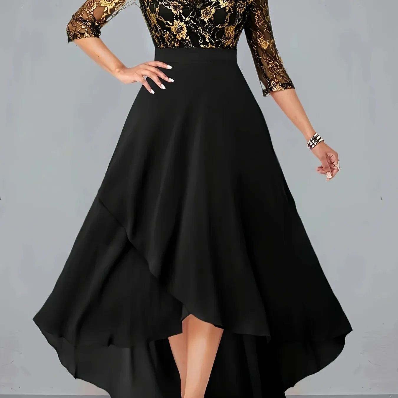 Contrast Guipure Lace Asymmetric Ruffle Hem Dress, Elegant 3/4 Sleeve V-neck Scallop Trim Dress, Women's Clothing