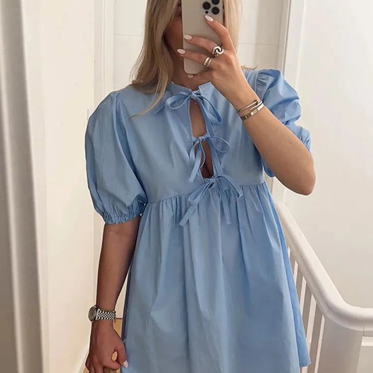 Leopard Print Bow Lace Up Mini Dress for Women O-neck Hollow Out Short Puff Sleeve Sweet Dresses 2024 Summer A-line Lady Vestido