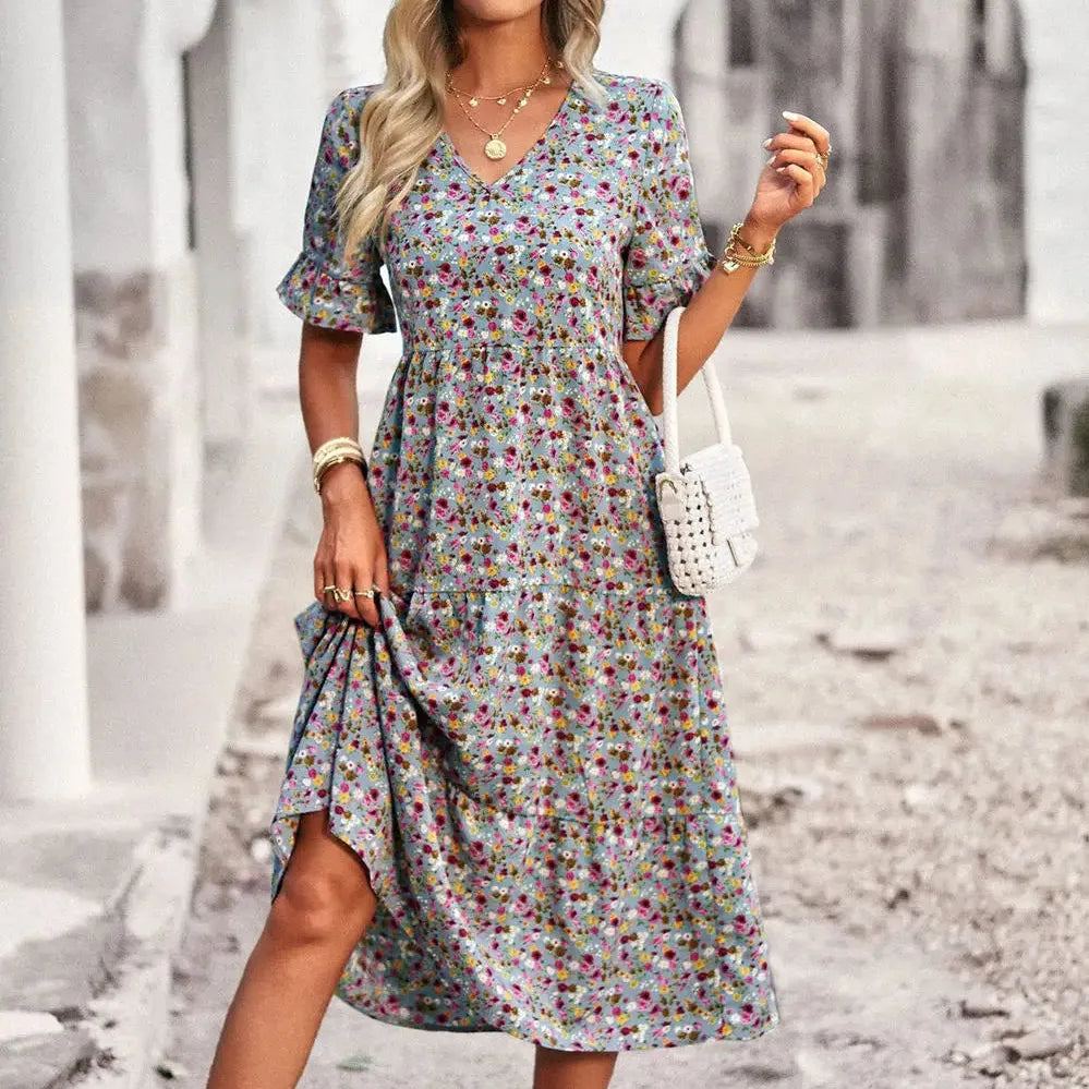 Summer Women V Neck Elegant Printed Short Sleeve High Waist A Line Floral Holiday Dress