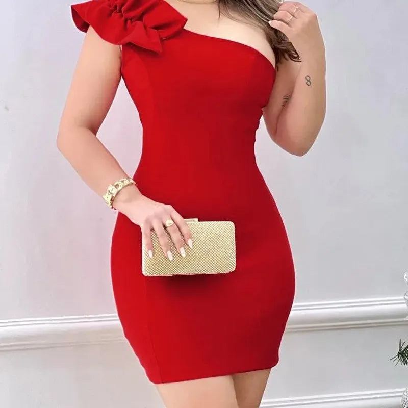 Summer Fashion Red Appliques Women Mini Party Dress Bodycon Elegant Ruffle Sexy One Shoulder Birthday Evening Club Outfits