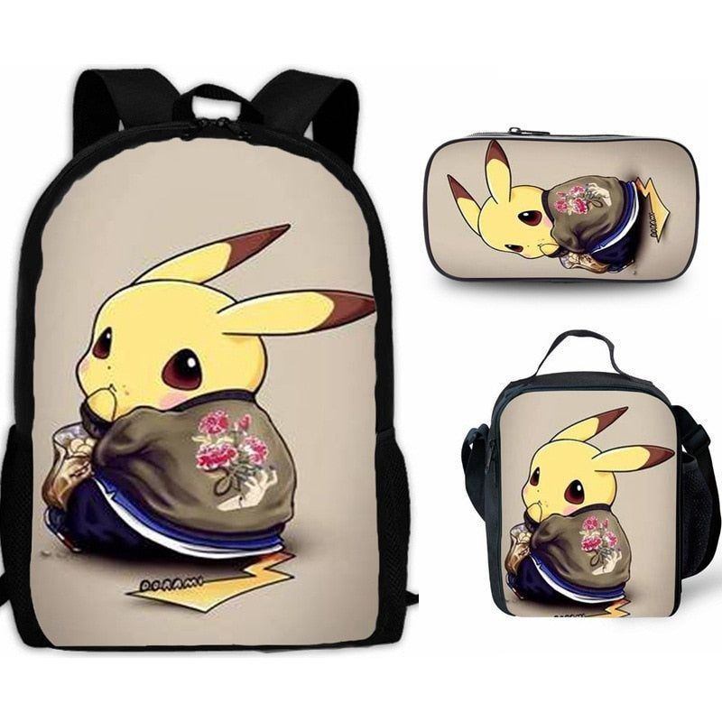 Cartoon Pikachou Schoolbag Backpack Lunch Bag Shoulder Bag Pencil Case Gift for Kids Students