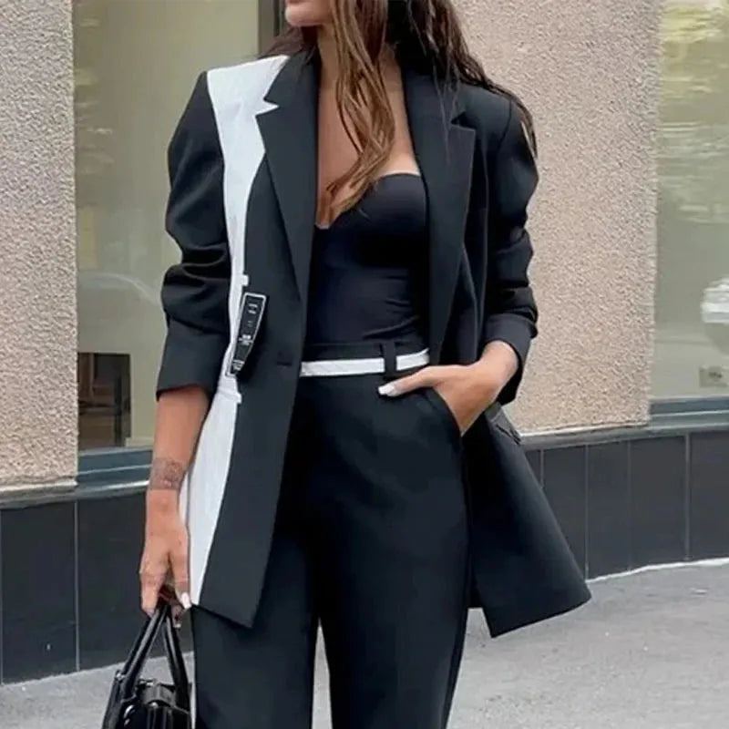 Women Blazer Suit Autumn Office Fashion Splicing Lapel Single Button Long Sleeve Top Loose With Pockets Pants Sets