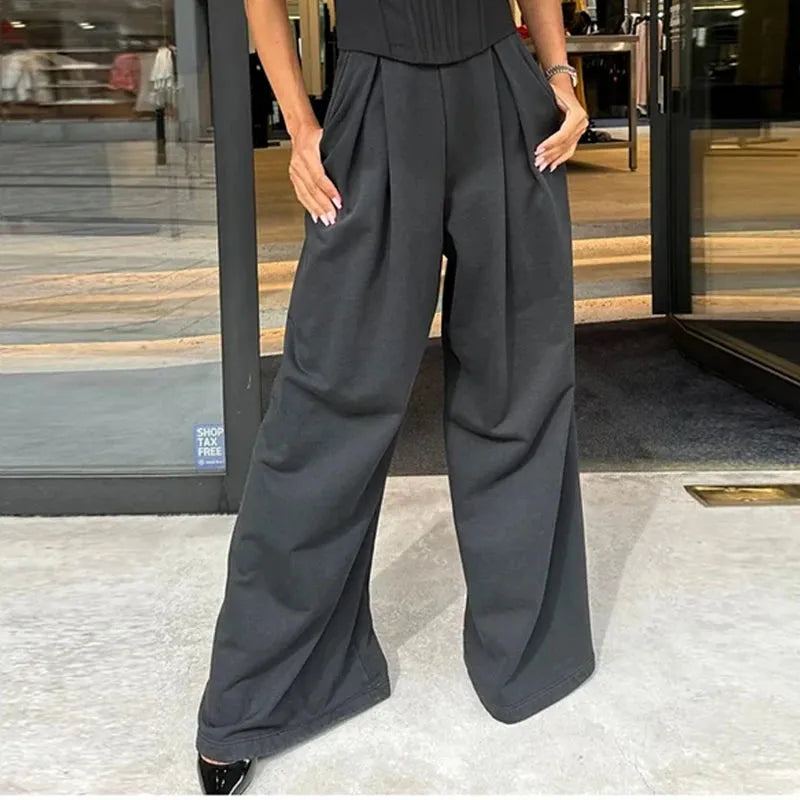 Women Two Piece Set Summer Fashion Sleeveless Square Neck Suspender Slim Top Loose Wide Legs Pants Sets Streetwear