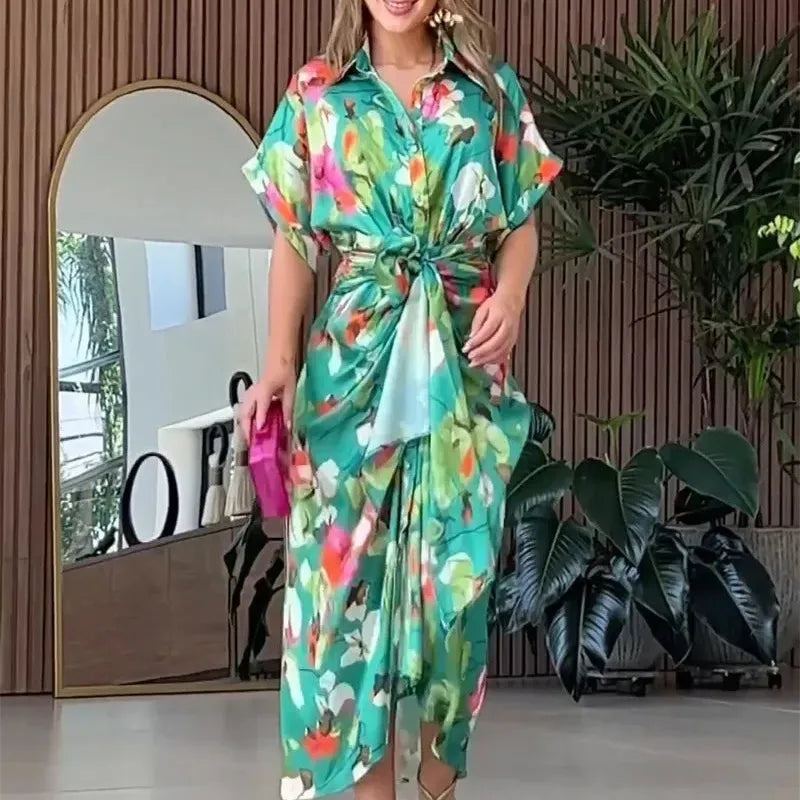 Women Dresses Short Sleeve Turn Down Collar Single Breasted Button Blouses Dress Vestidos Patchwork High Street Print Belt