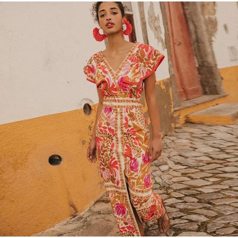 Vintage Boho Backless Flying Sleeves Print Dress Women Elegant V Neck Split Dresses 2024 Summer Chic Female Street Vestidos