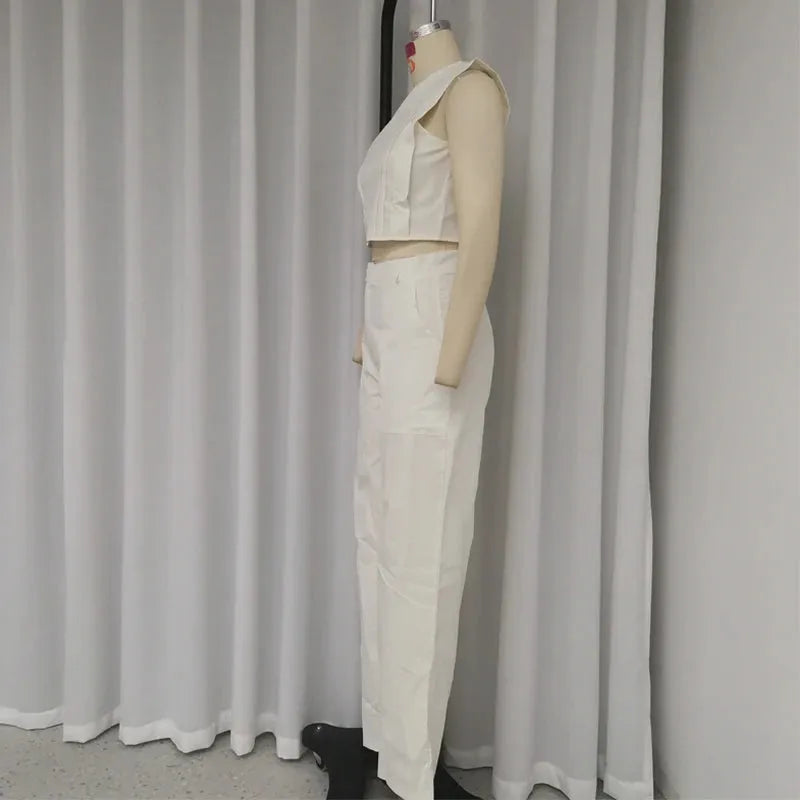 Women Two Piece Set Office Casual Solid Sleeveless Round Neck High Waist Tank Top Loose Wide Legs Pants Set Streetwear