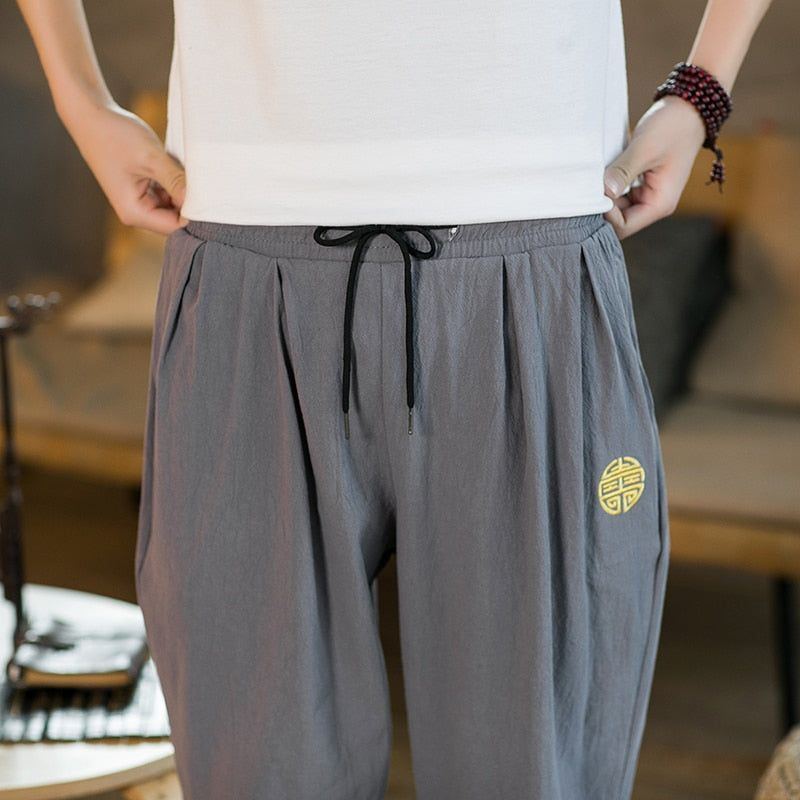 Cotton Linen Pants Men Fashion Embroidery Loose Pants Men's Street Jogging Pants - Jointcorp