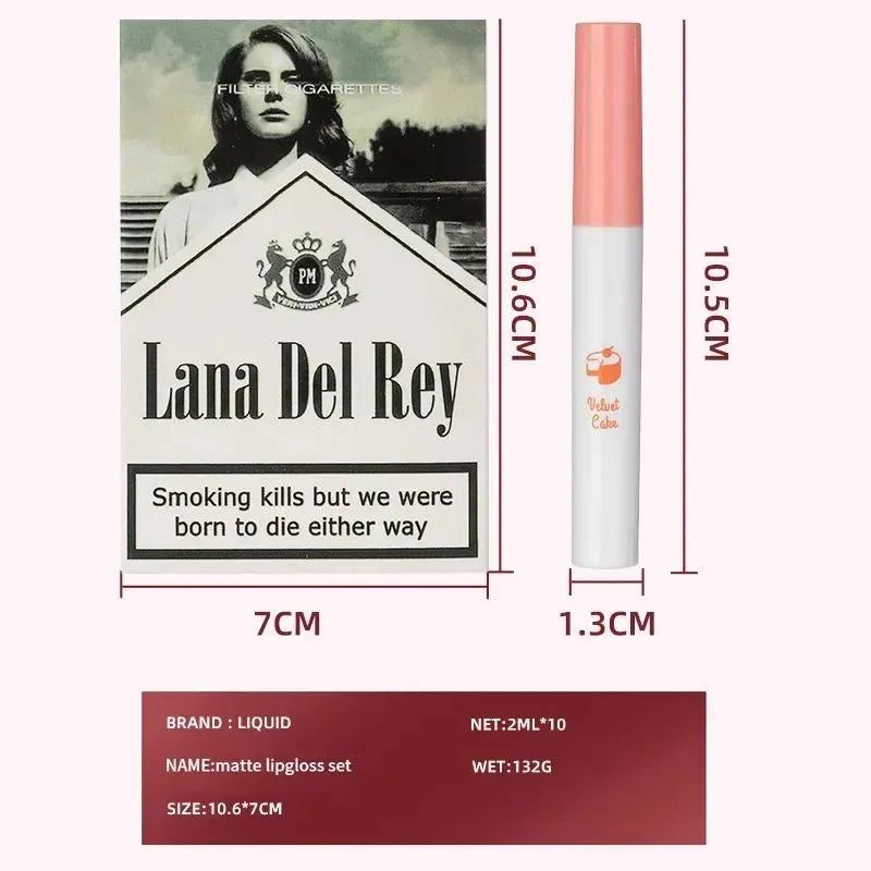 10 PCS Lana Del Rey Lipstick Matte Non Stick Cup Lip Gloss Smoke Pipe Lip Gloss Set Velvet Liquid Lipstick European Makeup