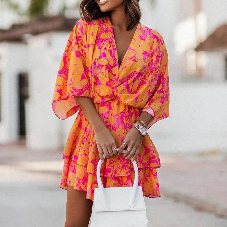 Elegant Office Dress For Wome's Casual Bat Sleeve Flowers Print Bohemian Beach Vacation Sundress Women Summer Ruffl Mini Dresses