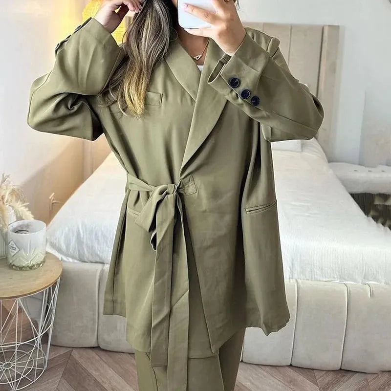 Women Blazer Suit Autumn Casual Solid Long Sleeve With Button Lapel Loose Lace Up Top Loose Pants Sets Streetwear