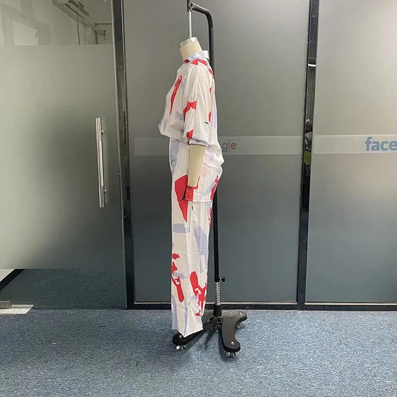 Women Two Piece Set Casual Abstract Print V Neck Laple Lantern Sleeve Long Top Loose Wide Legs Pants Sets Streetwear