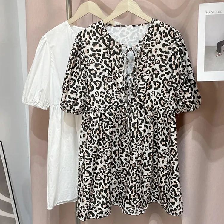 Street Lace Up Hollow Out Dress Women Elegant Puff Sleeve Loose Female Mini Dresses 2024 Summer Cotton Casual Sweet Short Robe