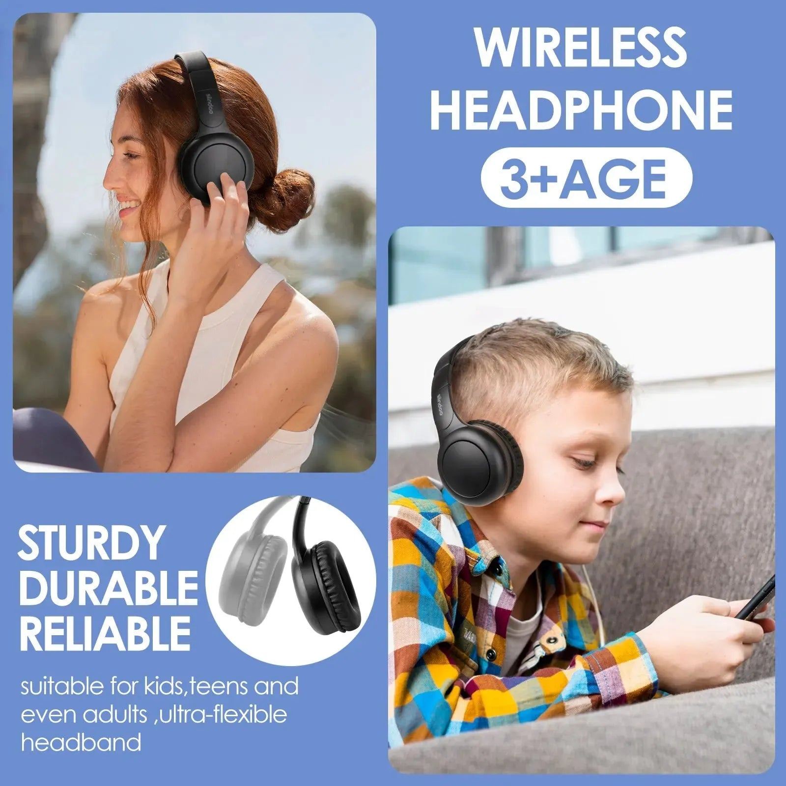 Siindoo JH-926B Wireless Bluetooth Headphones Over Ear Foldable Lightweight Headset with Mic 3 EQ Modes for Kids Teenager