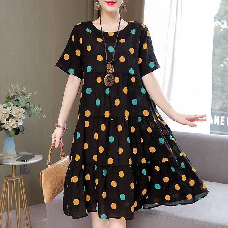 Women's dress, 2023, O-neck, printed, loose fit cotton, plus size - Jointcorp