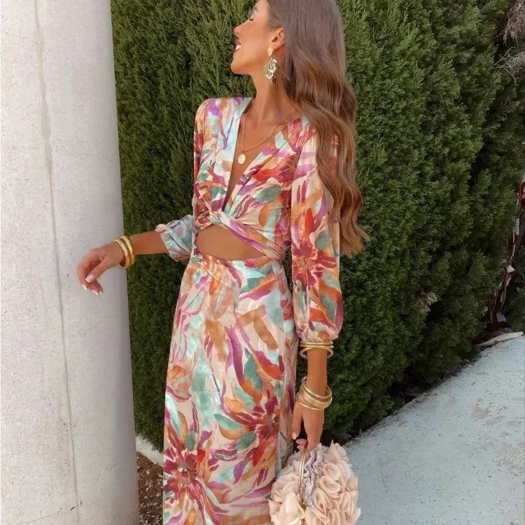 Women Chic Floral Printed Long Dresses Elegant Long Sleeve Hollow Out Robes 2024 Summer Vacation High Street Party Vestidos