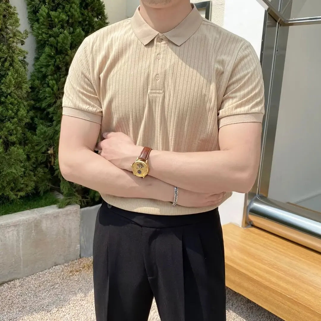 Summer Men's Clothing Retro Knit Lapel Striped Polo Shirt Solid Color Short Sleeve Fashion Simple Casual Male Tops Size M-2XL